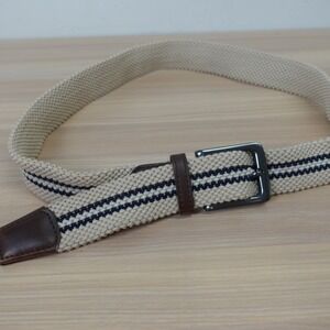 Braided Dress Belt 32 SMALL Cream White Striped  Leather Trim Adjustable Golf